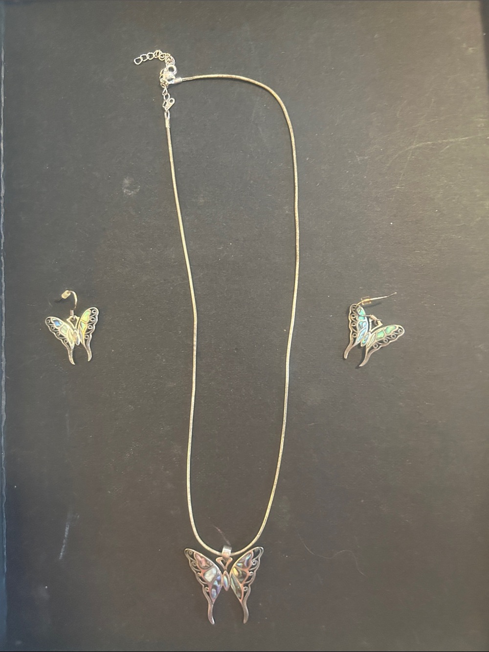 Butterfly Pendant Necklace and Earring Set - Iridescent Inlay